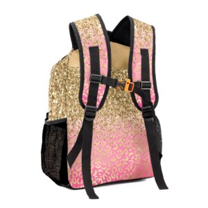 Urcustom Custom Kid Backpack, Glitter Gold Leopard Personalized Name School Bookbag, Customization Casual Bookbags for Student Girls Boys