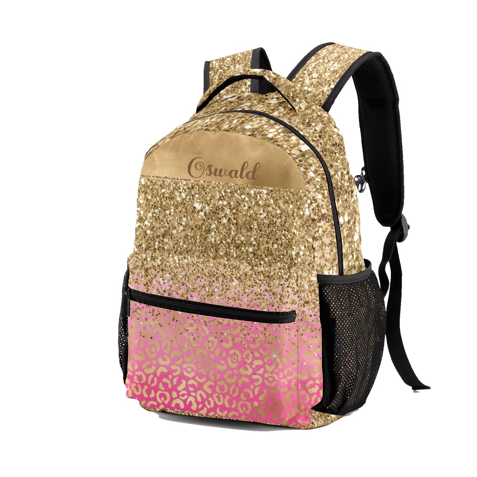 Urcustom Custom Kid Backpack, Glitter Gold Leopard Personalized Name School Bookbag, Customization Casual Bookbags for Student Girls Boys