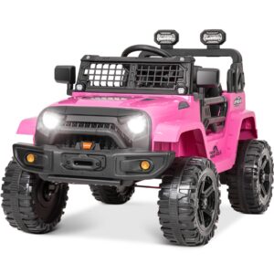 12v kids electric ride on car jeep with remote control 3 speeds, led lights, radio, aux/usb mp3 music, openable doors & suspension, electric car vehicle for toddlers & kids, pink