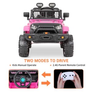 12V Kids Electric Ride On Car Jeep with Remote Control 3 Speeds, LED Lights, Radio, AUX/USB MP3 Music, Openable Doors & Suspension, Electric Car Vehicle for Toddlers & Kids, Pink