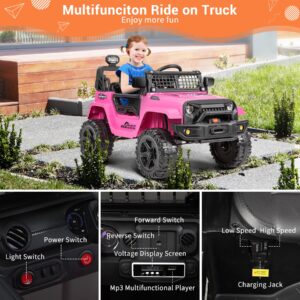 12V Kids Electric Ride On Car Jeep with Remote Control 3 Speeds, LED Lights, Radio, AUX/USB MP3 Music, Openable Doors & Suspension, Electric Car Vehicle for Toddlers & Kids, Pink