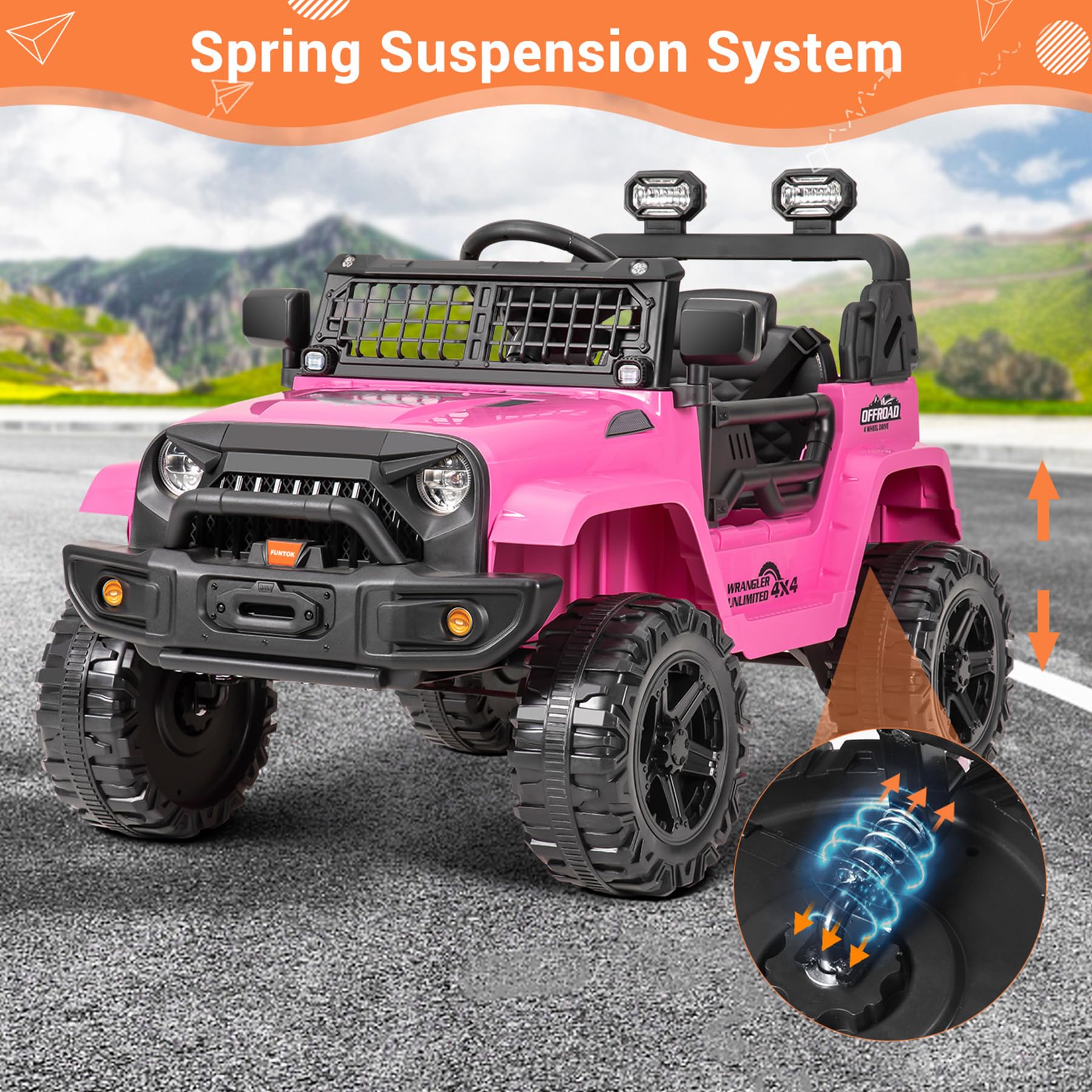 12V Kids Electric Ride On Car Jeep with Remote Control 3 Speeds, LED Lights, Radio, AUX/USB MP3 Music, Openable Doors & Suspension, Electric Car Vehicle for Toddlers & Kids, Pink