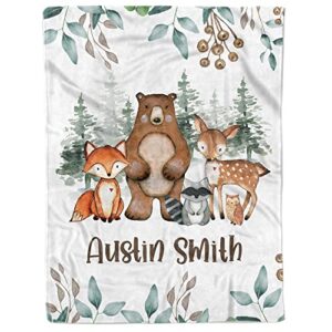 Arteaga Personalized Baby Blankets for Boys, Customized Baby Blankets for Boys, Woodland Animals Baby Blanket, Best Gift for Baby, Newborn, New Mom, Super Soft Plush Fleece, 30''x40''