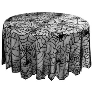 ezakka round halloween tablecloth, 70 inch spider webs tablecloths black tablecloth lace fabric table cloths spooky table cover for parties gothic halloween home decorations