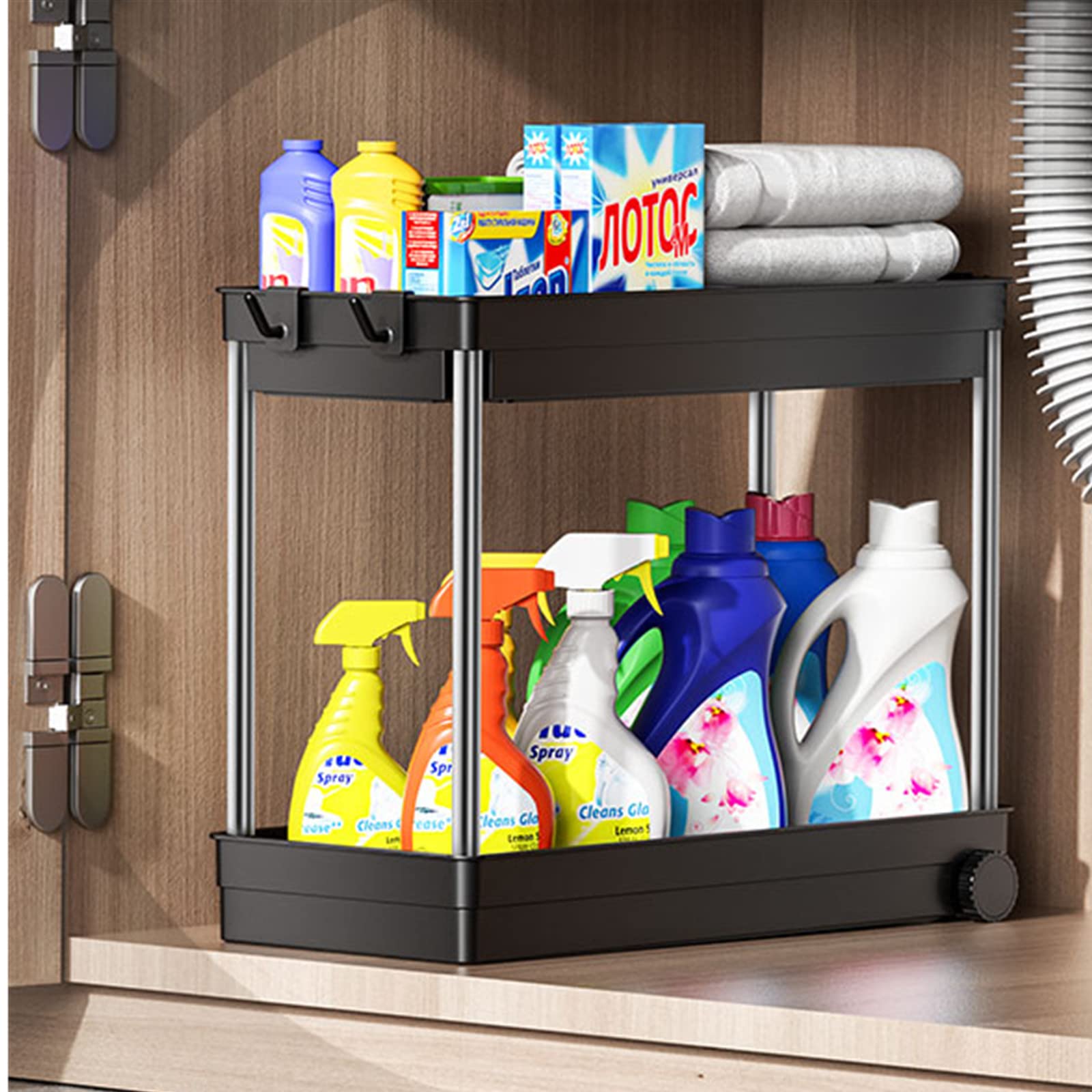 2- Tier Shelf Under Sink Organizer, Roll Out Under Sink Storage with 4 Hooks & 4 Anti-Slip Pads, Easy to Assemble, Suitable for Kitchen, Bathroom and Laundry (1 Pack, Silver)