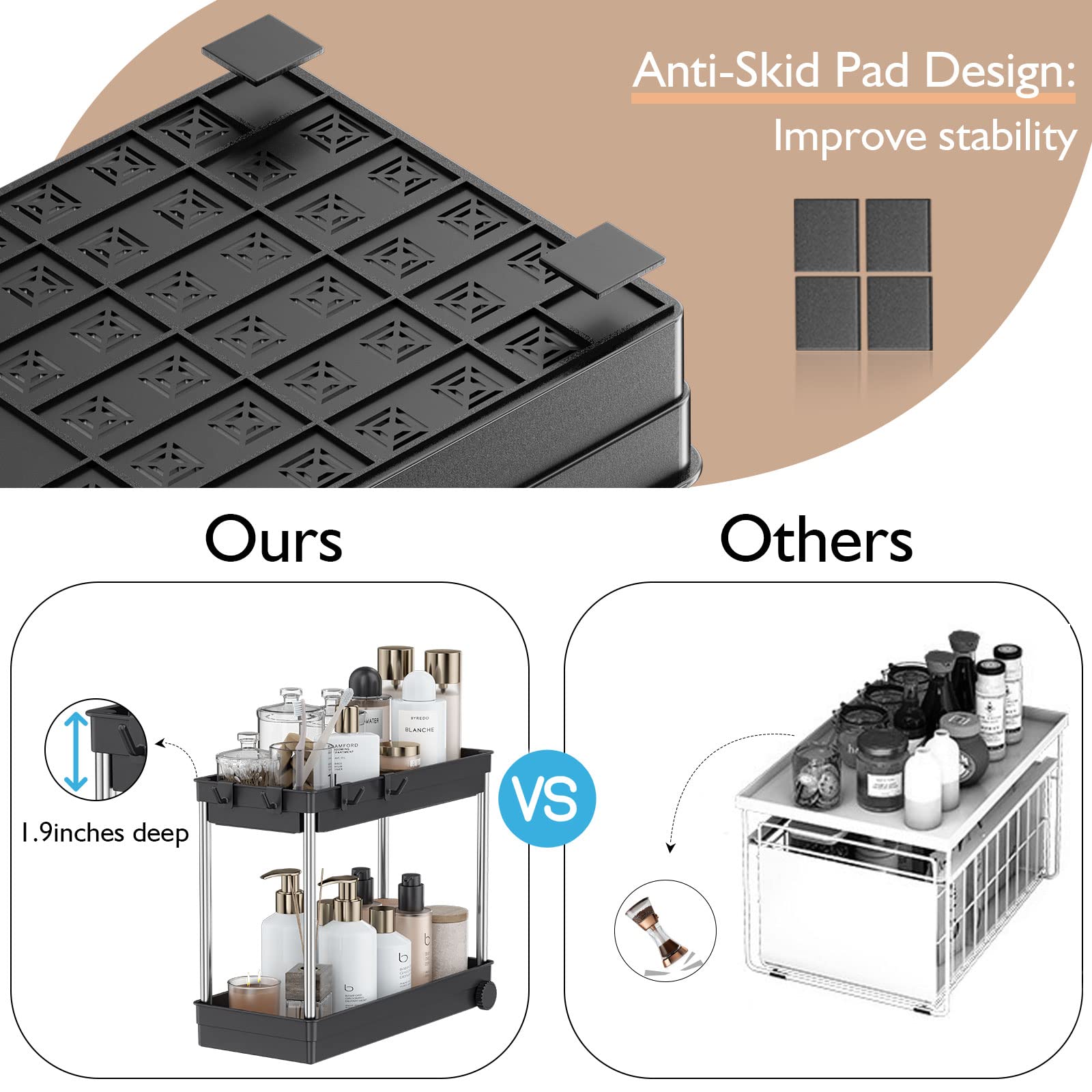 2- Tier Shelf Under Sink Organizer, Roll Out Under Sink Storage with 4 Hooks & 4 Anti-Slip Pads, Easy to Assemble, Suitable for Kitchen, Bathroom and Laundry (1 Pack, Silver)