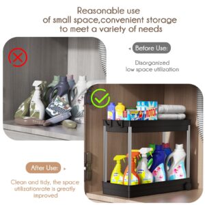 2- Tier Shelf Under Sink Organizer, Roll Out Under Sink Storage with 4 Hooks & 4 Anti-Slip Pads, Easy to Assemble, Suitable for Kitchen, Bathroom and Laundry (1 Pack, Silver)