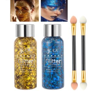 2 color body glitter gel mermaid scale sequins skin long lasting sparkling cream eyeshadow lip nail hair painting glitter decorate art festival party make up powder(gold,blue),with 2 sponge brush