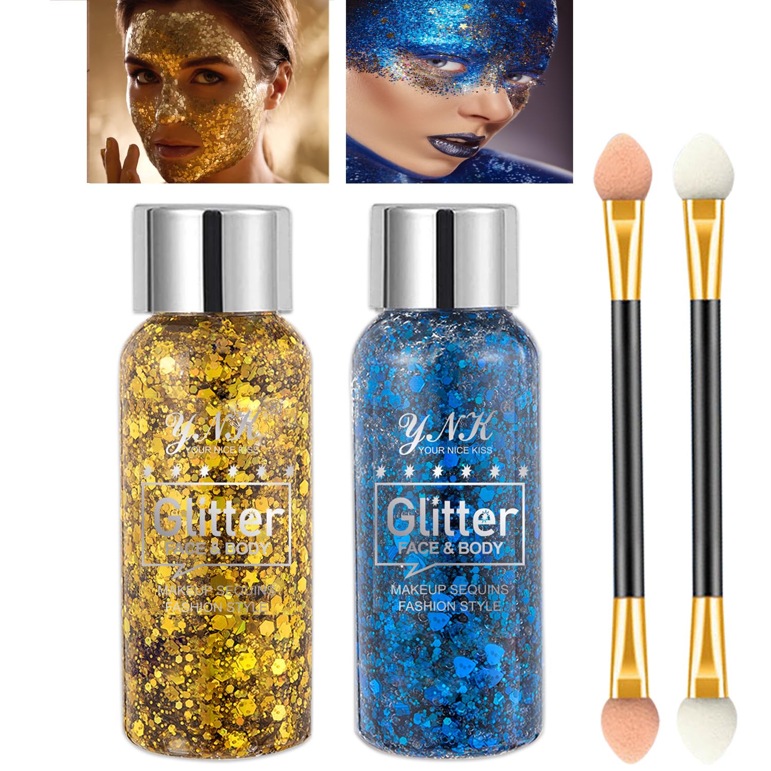 2 Color Body Glitter Gel Mermaid Scale Sequins Skin Long Lasting Sparkling Cream Eyeshadow Lip Nail Hair Painting Glitter Decorate Art Festival Party Make up Powder(Gold,Blue),with 2 Sponge Brush