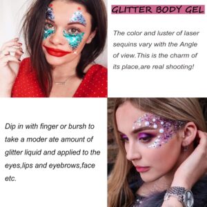 2 Color Body Glitter Gel Mermaid Scale Sequins Skin Long Lasting Sparkling Cream Eyeshadow Lip Nail Hair Painting Glitter Decorate Art Festival Party Make up Powder(Gold,Blue),with 2 Sponge Brush