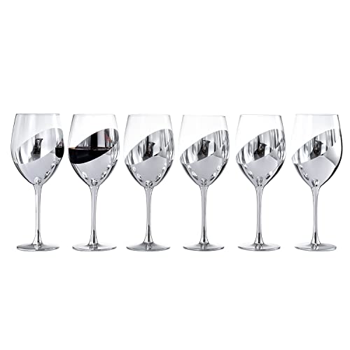 MyGift Modern Stemmed Wine Glasses, 14 oz Stemware with Silver Angled Metallic Accent Design for Red or White Wine, Set of 6 - Party, Wedding, Events Glassware