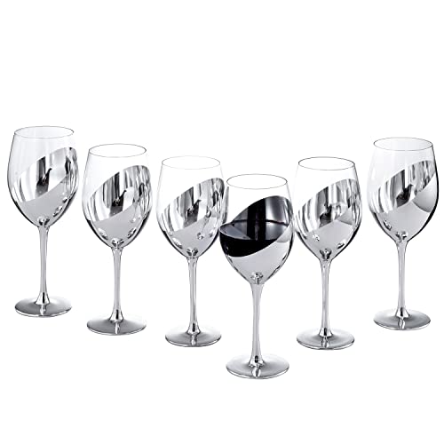 MyGift Modern Stemmed Wine Glasses, 14 oz Stemware with Silver Angled Metallic Accent Design for Red or White Wine, Set of 6 - Party, Wedding, Events Glassware