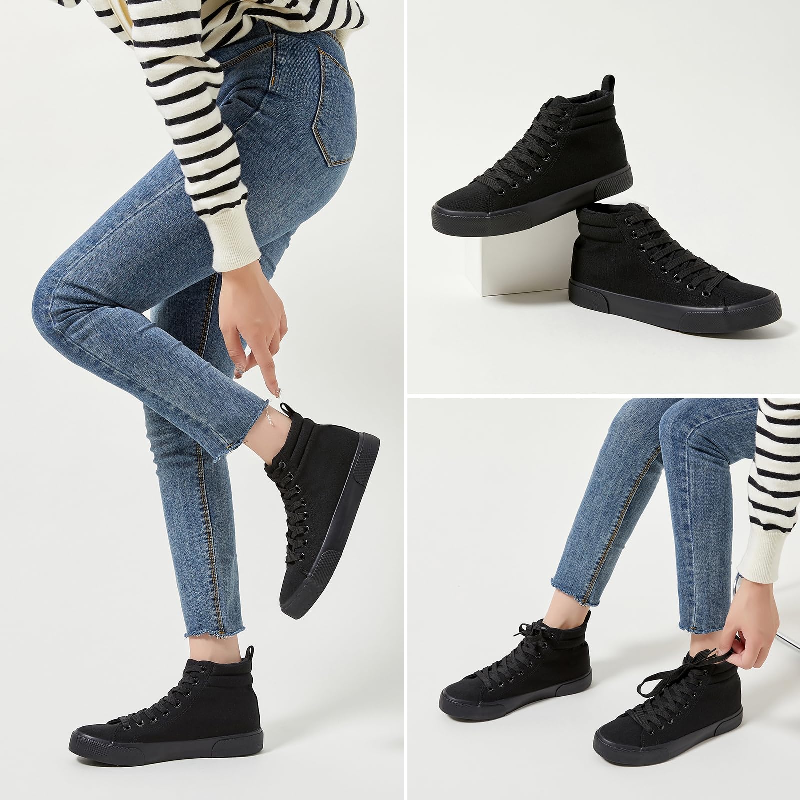 FINIWOR Womens High top Sneakers Canvas Shoes Lace up Black Sneakers Casual Shoes for Women (Full Black;US10)