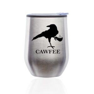 stemless wine tumbler coffee travel mug glass with lid crow raven blackbird cawfee funny (silver)