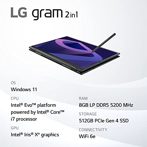 LG Gram (2022) 14T90Q 2-in-1 Tablet Laptop, 14" (1920 x 1200) IPS Display, Intel Evo 12th Gen i7 1260P Processor, 8GB LPDDR5, 512GB NVMe SSD, HD Webcam, WiFi 6E, Thunderbolt 4, Windows 11, Black