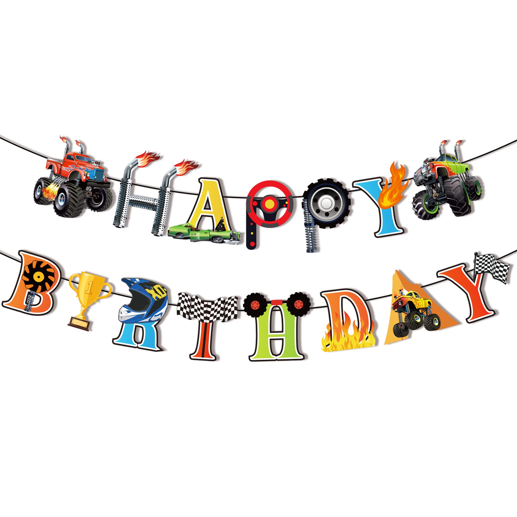 Monster Truck Birthday Banner Monster Truck Banner Cars Trucks Happy Birthday Sign Boy Birthday Bunting for Cars Theme Birthday Party Decorations, Monster Truck Party Supplies