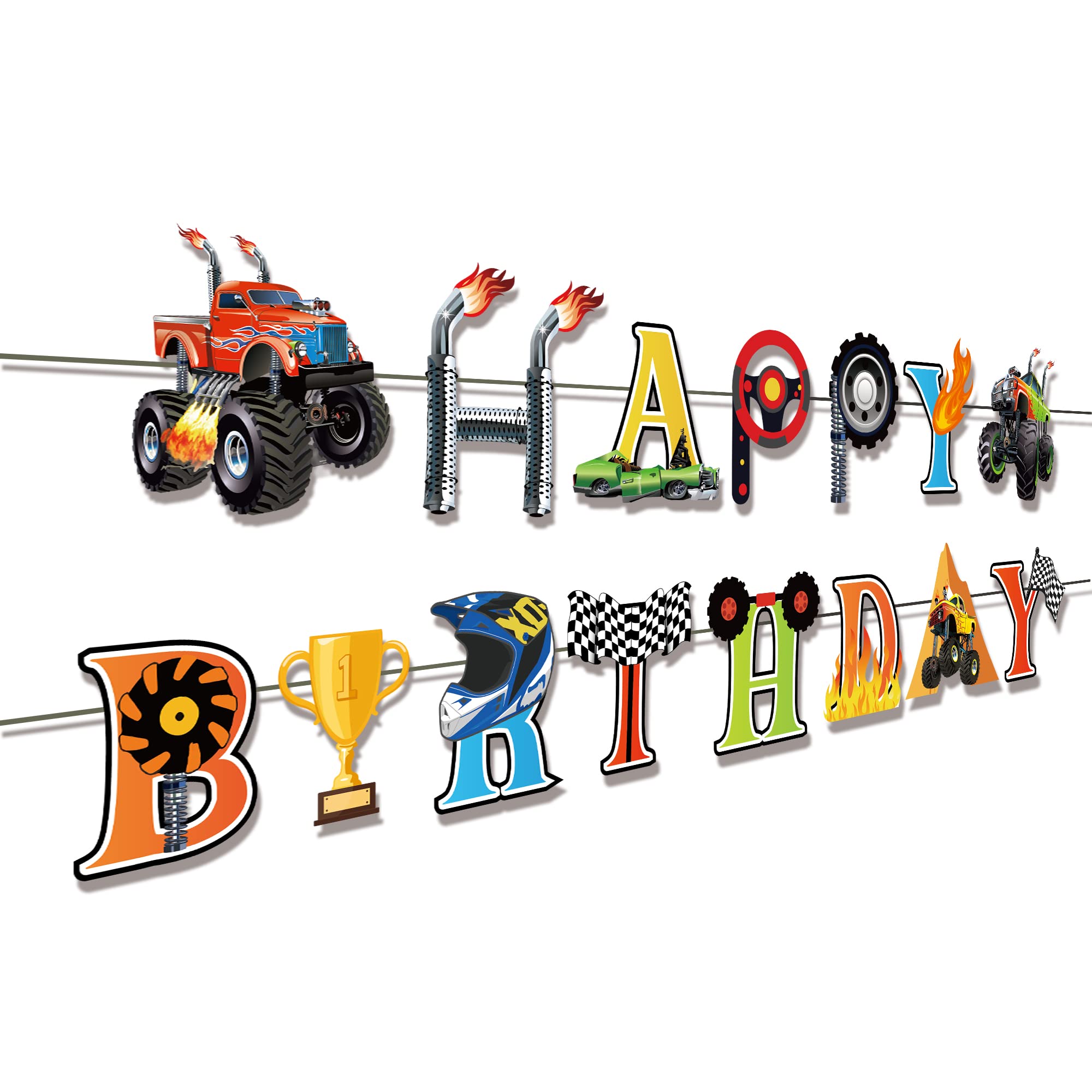 Monster Truck Birthday Banner Monster Truck Banner Cars Trucks Happy Birthday Sign Boy Birthday Bunting for Cars Theme Birthday Party Decorations, Monster Truck Party Supplies