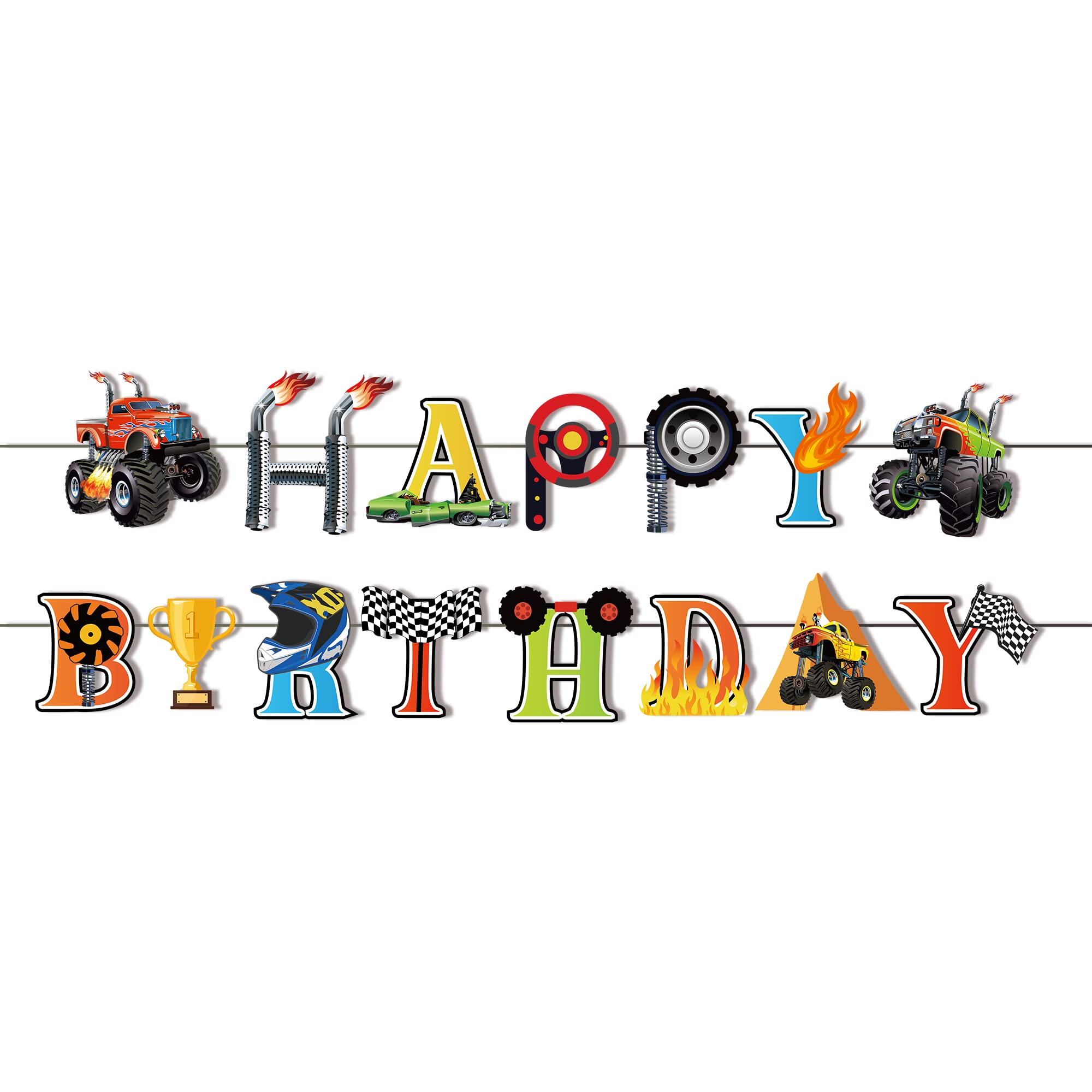 Monster Truck Birthday Banner Monster Truck Banner Cars Trucks Happy Birthday Sign Boy Birthday Bunting for Cars Theme Birthday Party Decorations, Monster Truck Party Supplies