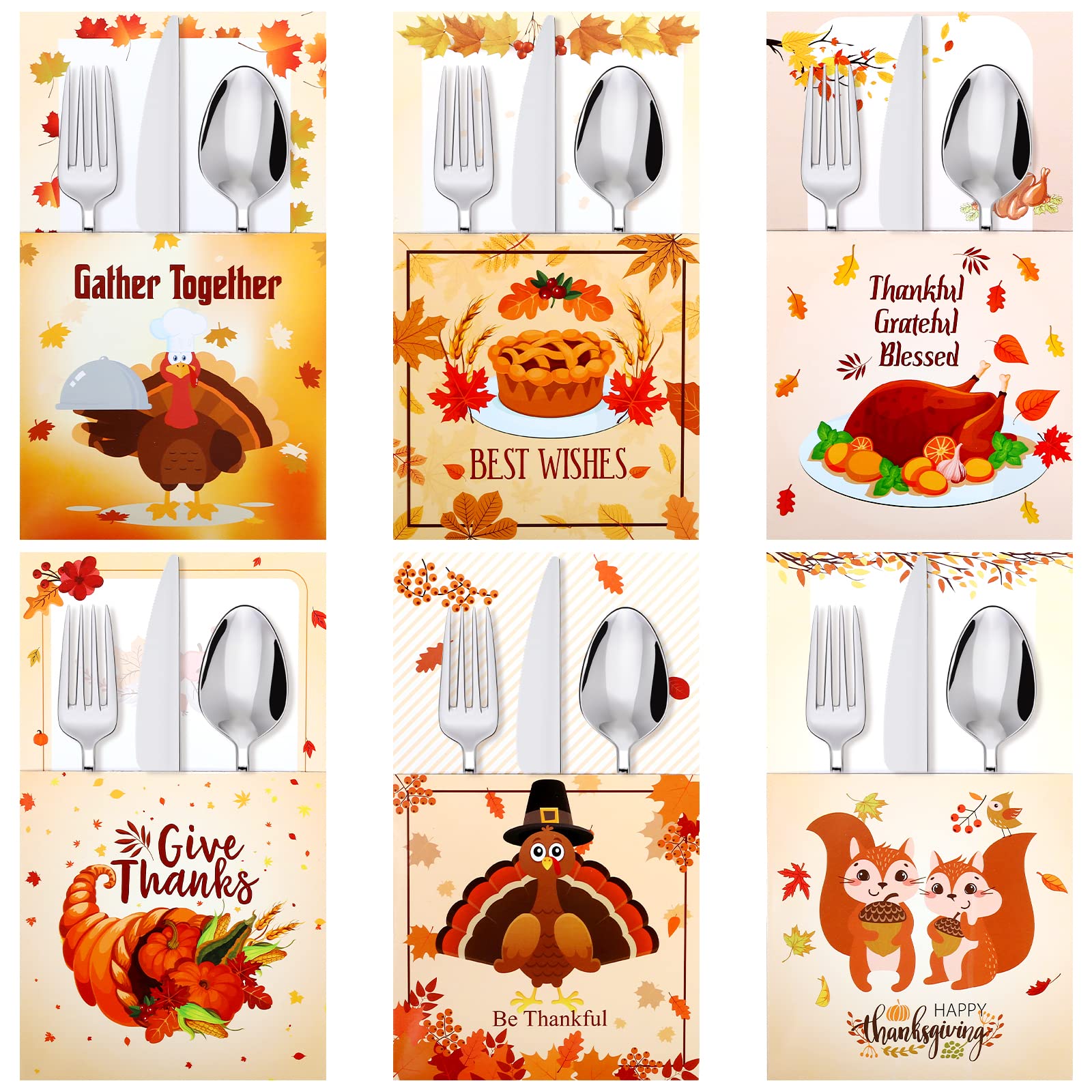 Naler 24 Pieces Thanksgiving Cutlery Holder Set Fall Thanksgiving Utensil Decor Turkey Cutlery Holders for Thanksgiving Party Supplies Autumn Harvest Dinner Table Decoration