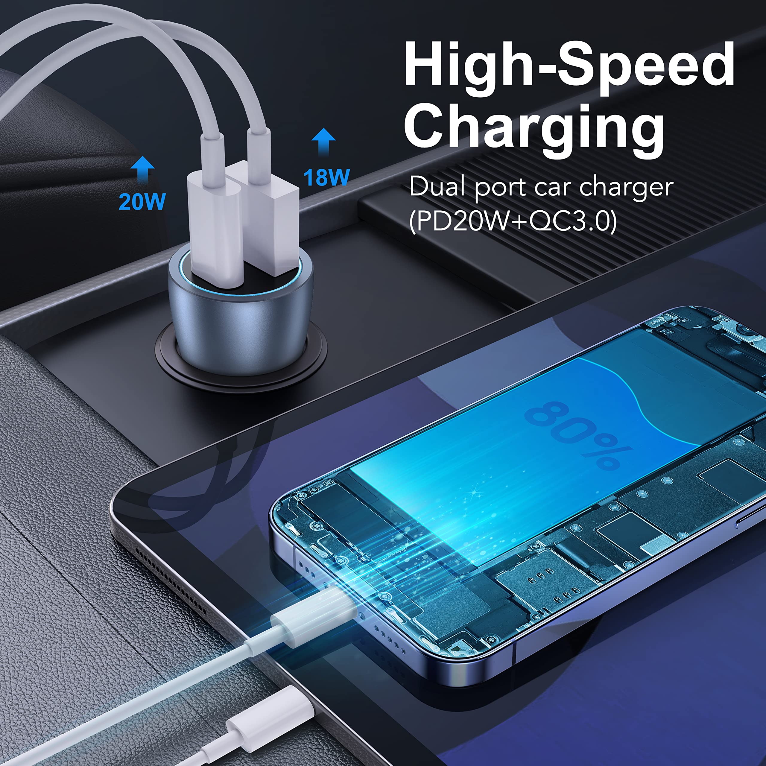 38W Car Charger Block Kit [MFi Certified] / PD 20W Type USB C Wall Charger Fast Charging Power Delivery Adapter with 2 Pcs 6.6FT Charging Cable for iPhone 13 12 11 14 Pro Max Plus Xs Max XR X iPad