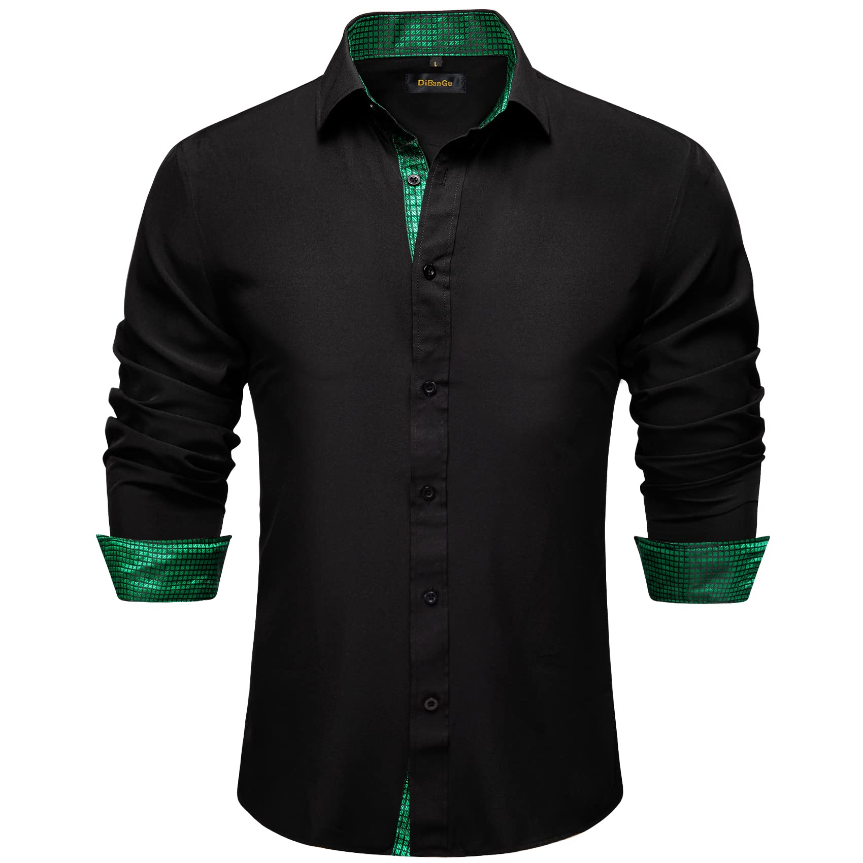 DiBanGu Mens Long Sleeve Dress Shirt Black Green Shirts for Men Wedding Party Inner Contrast Button-Down Shirt Plaid L