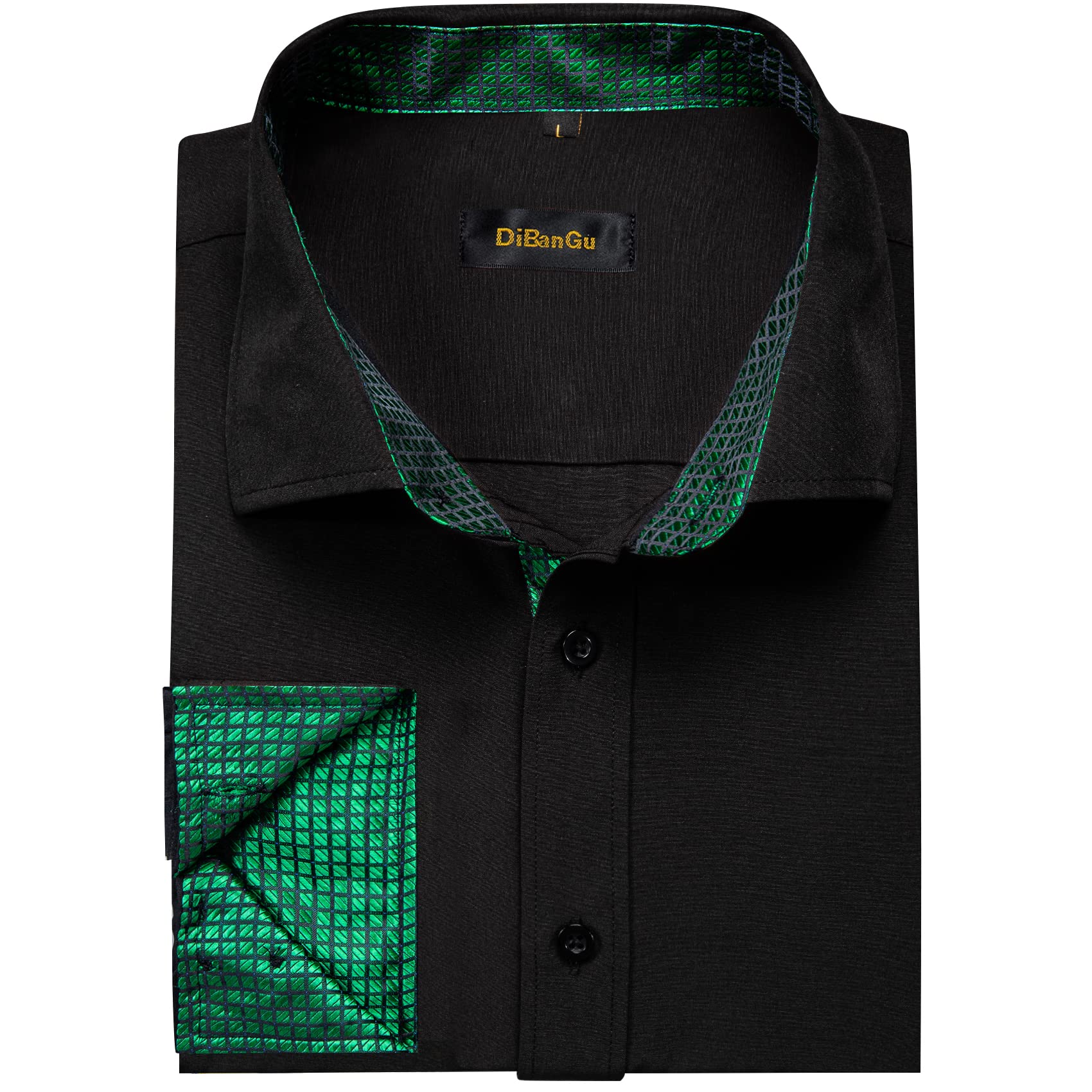 DiBanGu Mens Long Sleeve Dress Shirt Black Green Shirts for Men Wedding Party Inner Contrast Button-Down Shirt Plaid L