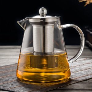 glass teapot with removable stainless steel infuser, borosilicate glass tea pot with strainer,for blooming tea & loose leaf tea, microwave & stovetop safe（19oz ）