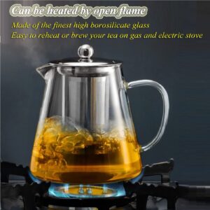 Glass Teapot with Removable Stainless Steel Infuser, Borosilicate Glass Tea Pot with Strainer,for Blooming Tea & Loose Leaf Tea, Microwave & Stovetop Safe（19oz ）