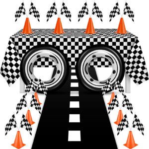 24 pieces race car party supplies include traffic cones checkered flag race flags checkered tablecloth race track running mat and tire tube swimming ring for car themed birthday party decorations
