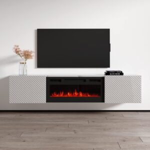 carbon bl-ef floating fireplace tv stand for tvs up to 80", modern high gloss 71" entertainment center, wall mounted electric fireplace tv media console