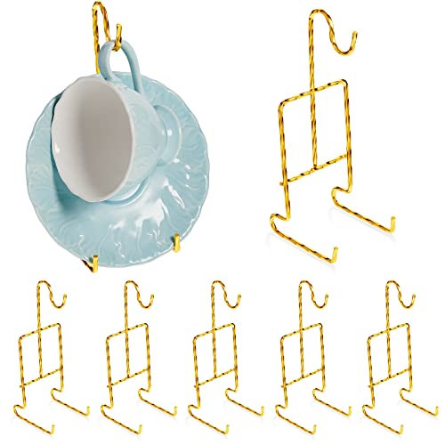 8 Pieces Tea Cup and Saucer Display Stand Holder Rack Metal Cup Saucer Holder Tea Cup Holder Display Coffee Mug Organizer for Plate Teapot, 6.22 x 2.44 Inches (Gold, Spiral Style)