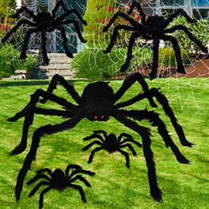 halloween giant spider,pack of 5 fake large hairy spiders,realistic black spider for halloween,yard,garden,lawn,outdoor & indoor decor(12'',12'',20'',24'',50'')