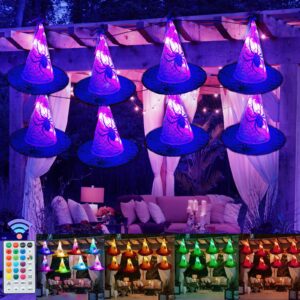 lighted hanging witch hats for halloween decorations, 8pcs color changing 17ft 56 led light up witch hats string lights with remote for indoor outdoor party yard garden tree halloween decor
