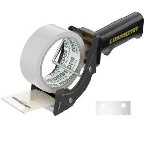 lds industry rapid-replace tape dispenser gun with 2 inch x 60 yard tape roll (transparent) and extra blade, lightweight ergonomic heavy handheld duty tape cutter for packaging and box sealing black