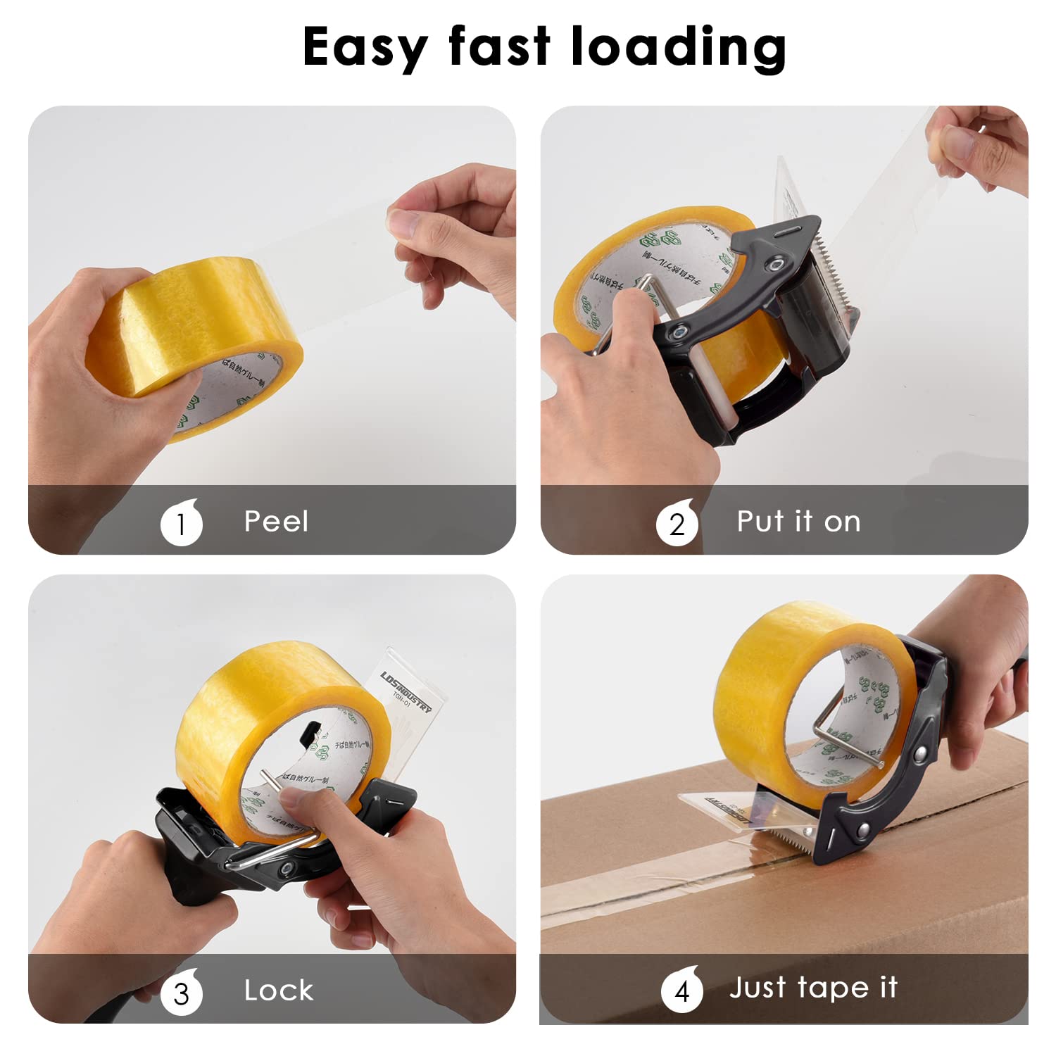 LDS Industry Rapid-Replace Tape Dispenser Gun with 2 Inch X 60 Yard Tape Roll (Transparent) and Extra Blade, Lightweight Ergonomic Heavy Handheld Duty Tape Cutter for Packaging and Box Sealing Black