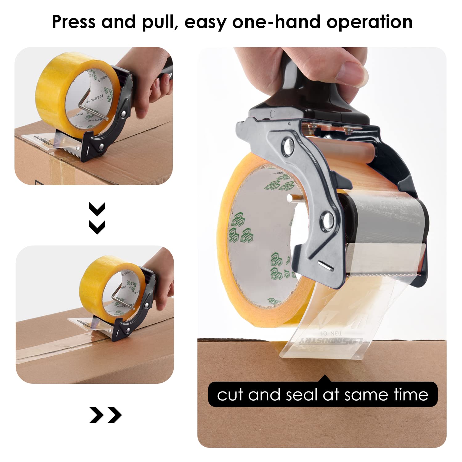 LDS Industry Rapid-Replace Tape Dispenser Gun with 2 Inch X 60 Yard Tape Roll (Transparent) and Extra Blade, Lightweight Ergonomic Heavy Handheld Duty Tape Cutter for Packaging and Box Sealing Black