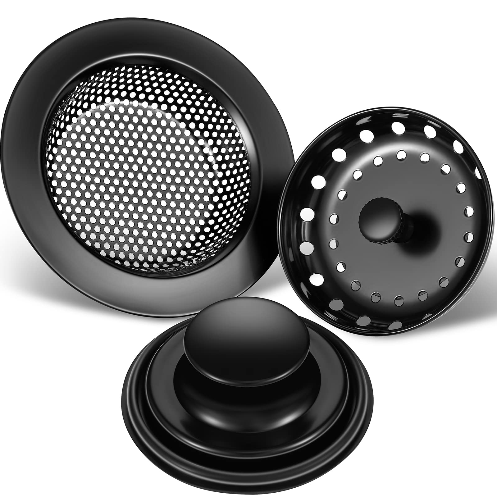 3 Pieces Kitchen Sink Stopper Strainer Garbage Disposal Plug, Stainless Steel Universal Anti-Clogging Kitchen Sink Filter Sieve Basket Strainer, Wide Rim for Kitchen Sink Drain (Black)