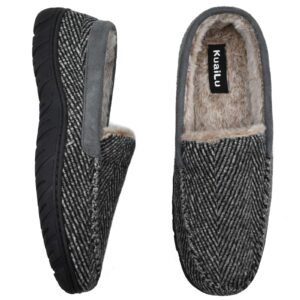 KuaiLu Mens Slippers Cozy Memory Foam Moccasin Slippers Fuzzy Warm House Shoes with Indoor Outdoor Rubber Sole Grey Size 9…