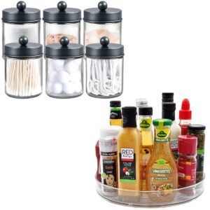 6 pc grey apothecary jars bathroom storage organizer bundle with 1 pack 11 inches clear lazy susan rotating turntable food storage container for cabinets, pantry, fridge, countertops,vanity