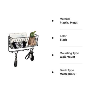 OROPY Entryway Mail Holder with Key Hooks, 11.0" L×2.6" W×5.1" H, Wall Mounted Matte Black Metal Wire Mesh Storage Basket with 5 Hooks, Easy to Organize Letters, Magazines, Keys, Leashes for Entryway