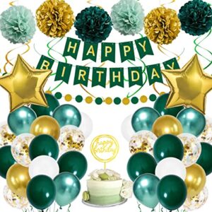 birthday decorations, green gold birthday party decorations for boy girls men women, birthday balloons with happy birthday banner, paper pompoms, confetti balloons for birthday party decorations