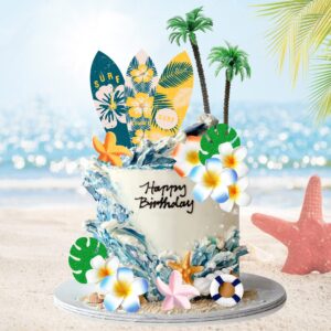summer beach happy birthday cake topper surfboard palm model tree beach umbrella chair for swimming beach party luau birthday baby shower party supplies (surfboard)