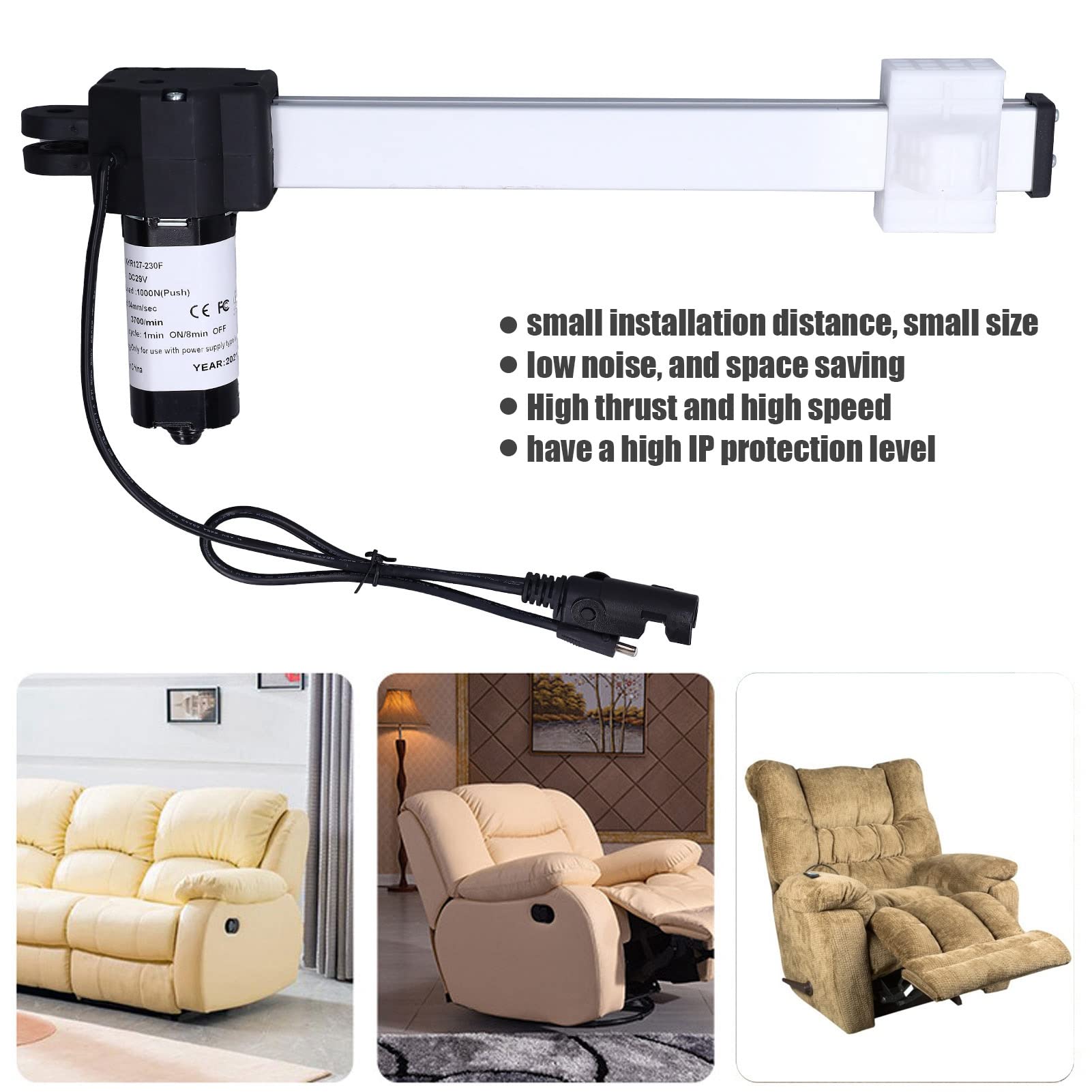 Cryfokt Power Recliner Lift Chair Motor, DC 29V Recliner Motor Actuator Replacement Kit with 1000N Large Thrust 230Mm Adjustable Sofa Lift Chairs Motor for Electric Bed, Electric Sofa