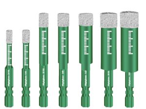 mgtgbao green 7pcs dry diamond drill bits set, core drill bit for marble tile ceramic stone glass (not for wood) hex shank diamond hole saw kit diamond drill bits for porcelain tile with 3/16 to 5/8