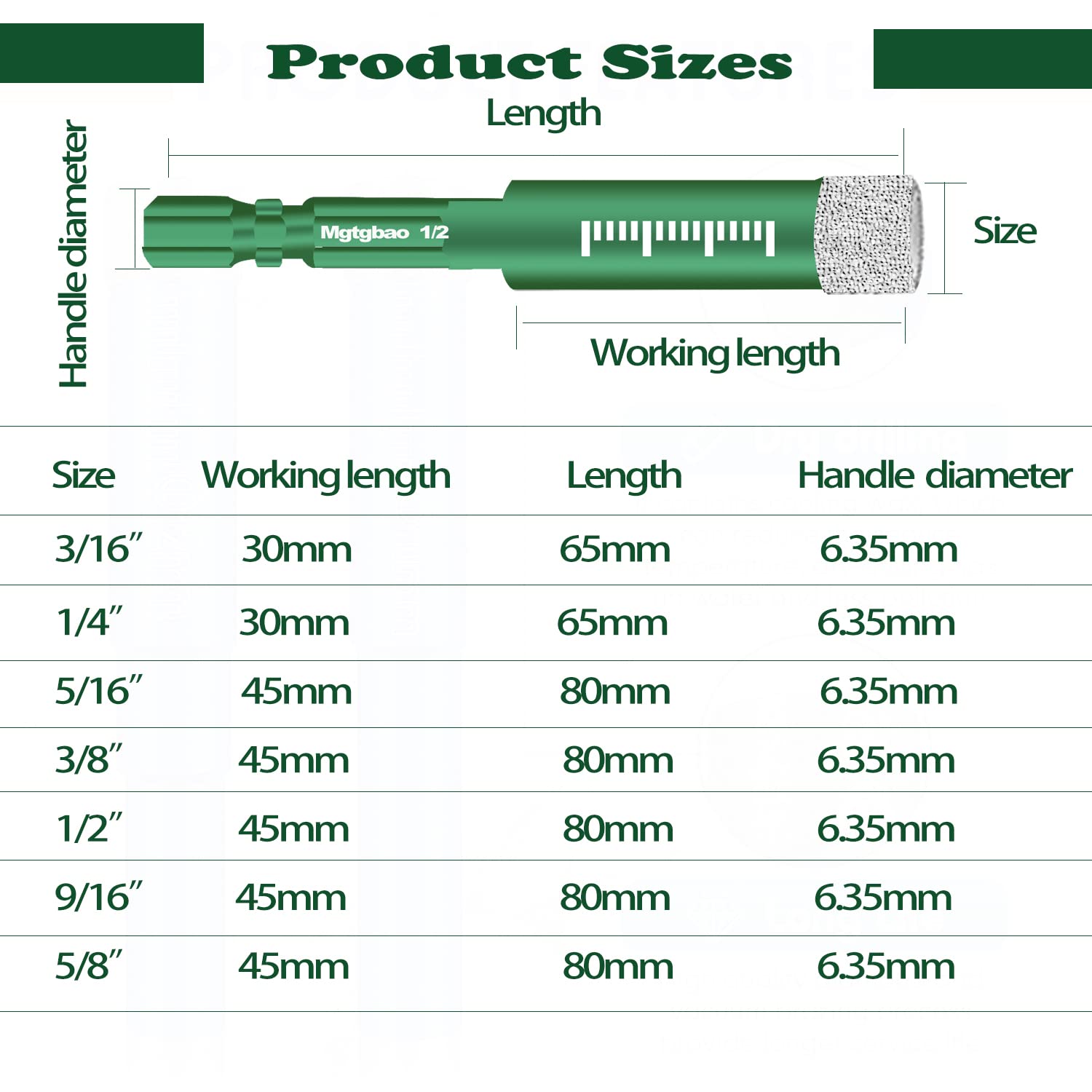 Mgtgbao Green 7PCS Dry Diamond Drill Bits Set, Core Drill bit for Marble Tile Ceramic Stone Glass (NOT for Wood) Hex Shank Diamond Hole Saw Kit Diamond Drill Bits for Porcelain Tile with 3/16 to 5/8