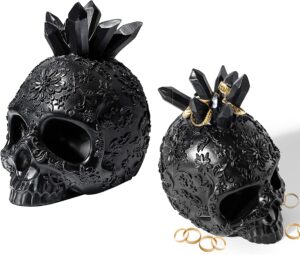 skull﻿ crystals ring holder, 3.75" h for & year round - skull decor, goth ring organizer, ﻿storage display, skeleton jewelry holder trinket rings tray - gothic & emo decor - spooky oddity