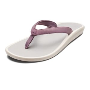 olukai pi'oe women's beach sandals, water-resistant flip-flop slides, ulta soft & comfortable fit, wet grip soles, lilac chalk/mist grey, 8