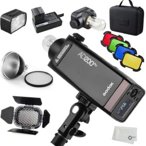 GODOX AD200Pro AD200 Pro with BD-07 Barn Door Honeycomb Grid 4 Color Filter Kit, Standard Reflector with Soft Diffuser, 200W 2.4G Flash Strobe, 1/8000 HSS, 500 Full Power Flashes, 0.01-2.1s Recycling