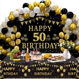 trgowaul 50th birthday decorations for men women - black gold happy 50th birthday backdrop banner, 2 pcs happy birthday tablecloth, 60 pc latex confetti balloons, 50 years old birthday party supplies
