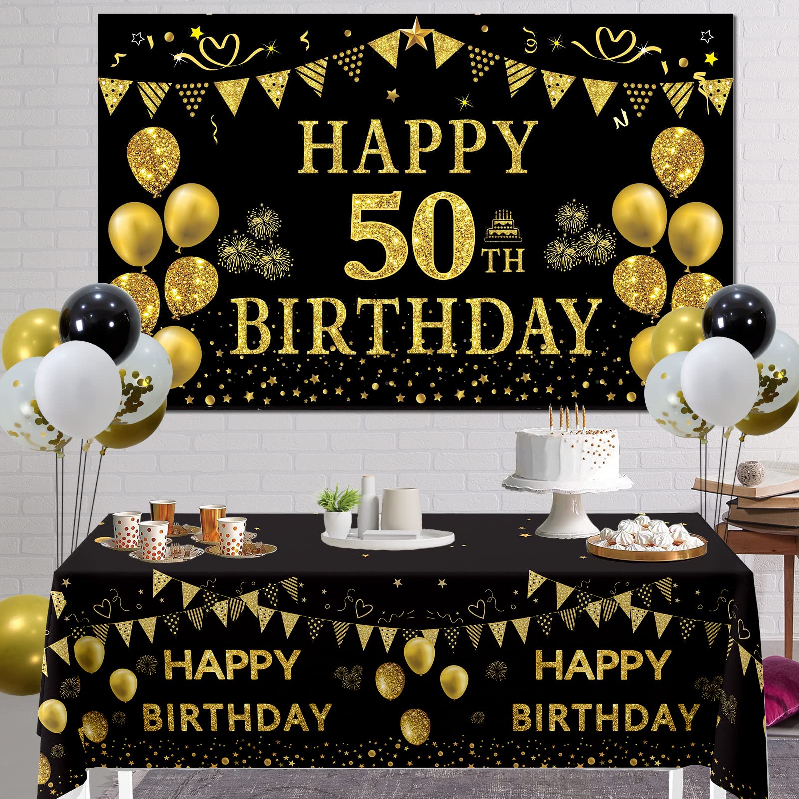 Trgowaul 50th Birthday Decorations for Men Women - Black Gold Happy 50th Birthday Backdrop Banner, 2 Pcs Happy Birthday Tablecloth, 60 Pc Latex Confetti Balloons, 50 Years Old Birthday Party Supplies